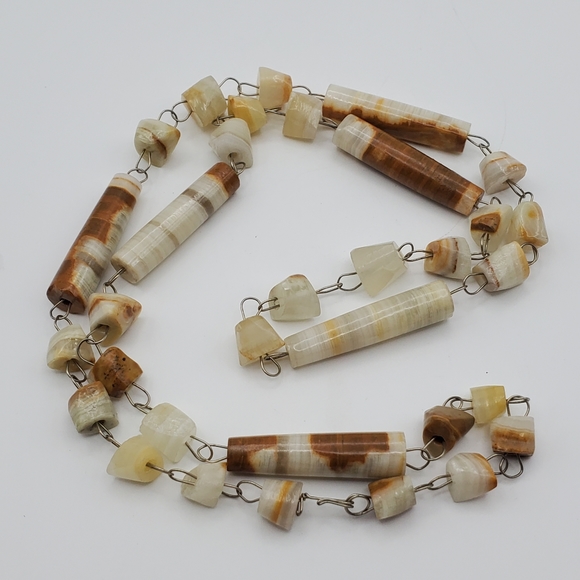 Banded Gemstone Agate Onyx Necklace Vintage Wire Wrapped Jewelry 26" Long - Picture 2 of 9
